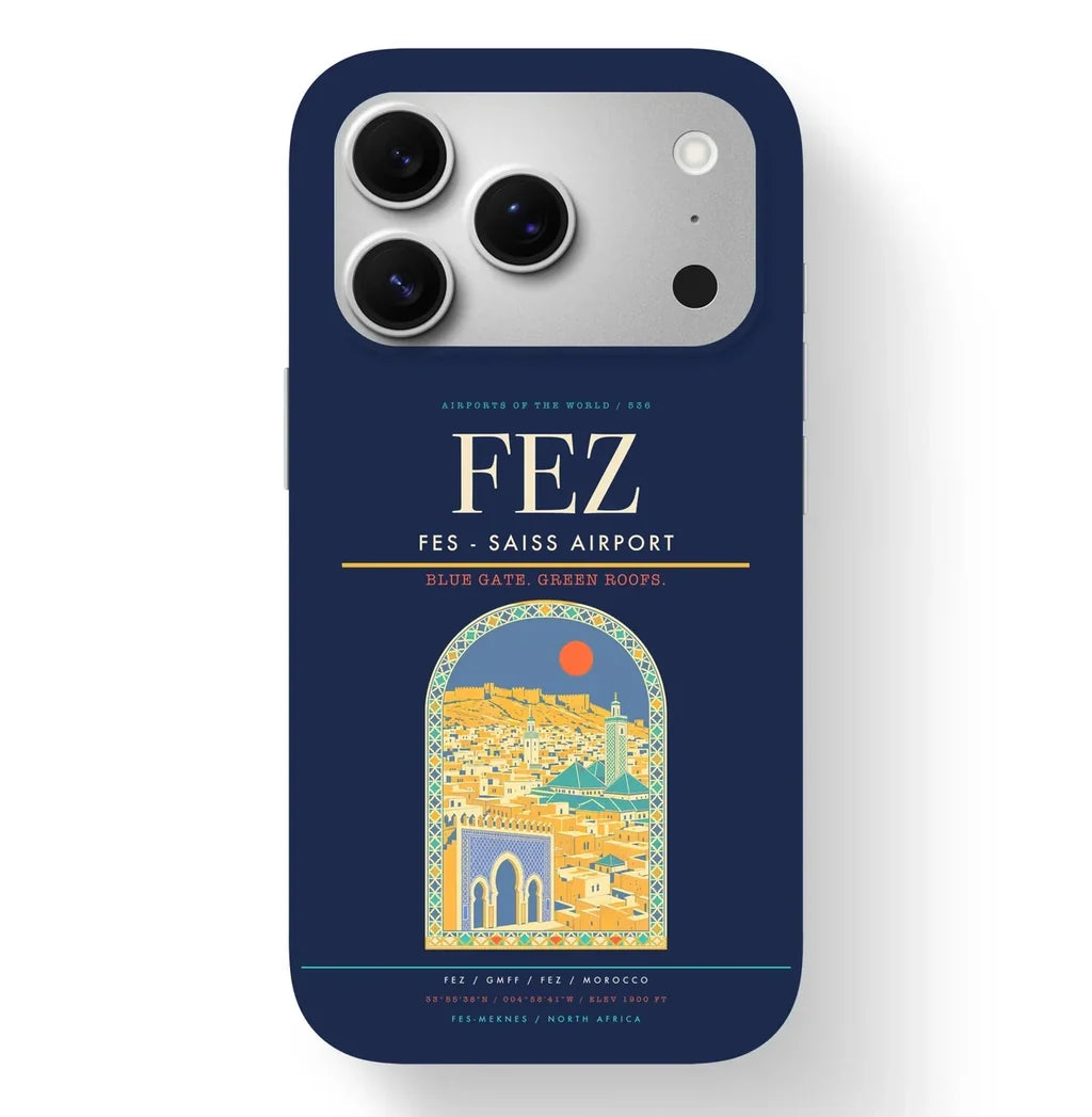 Fez Airport (FEZ) design on navy blue iPhone 17 Pro MagSafe case