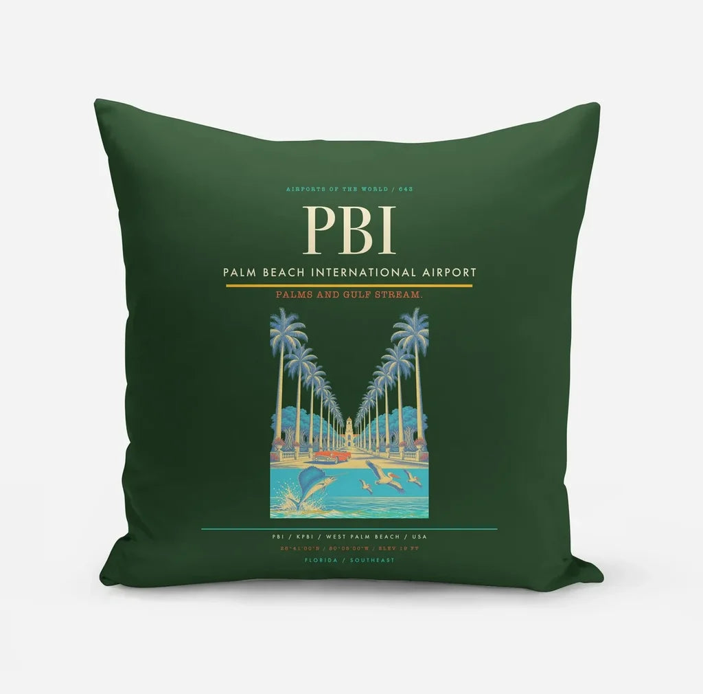 Palm Beach International Airport (PBI) design on dark green pillow