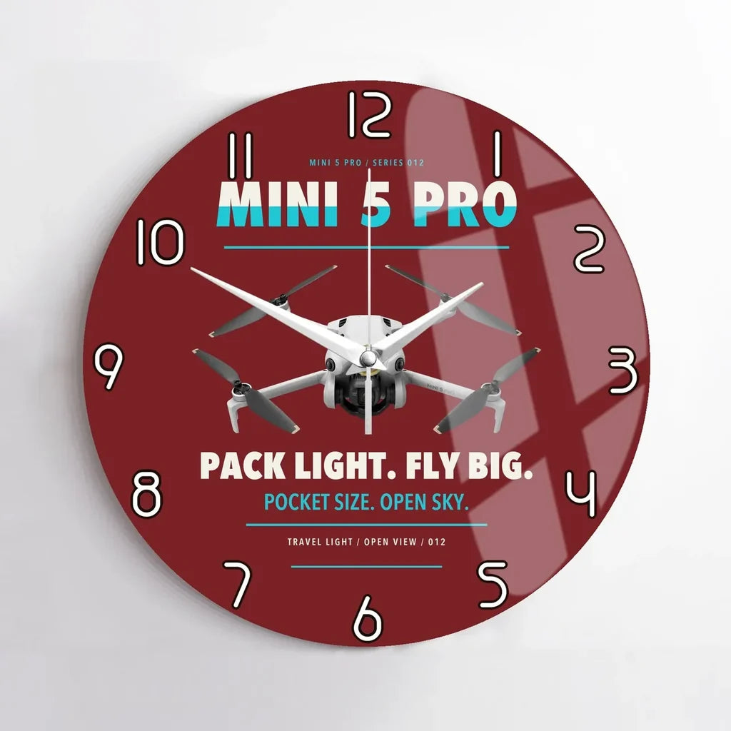 DJI Mini 5 Pro design on dark red no frame wall clock
