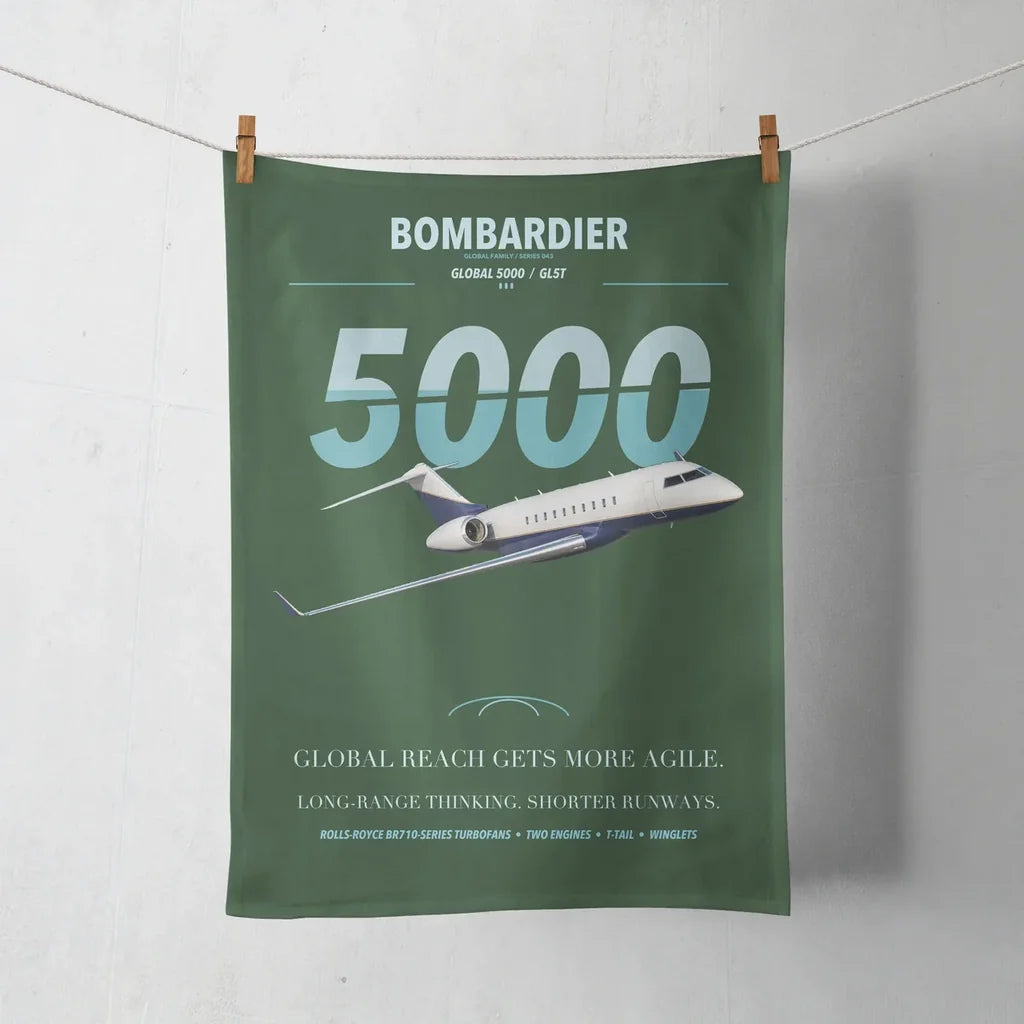 Bombardier Global 5000 design on dark green towel