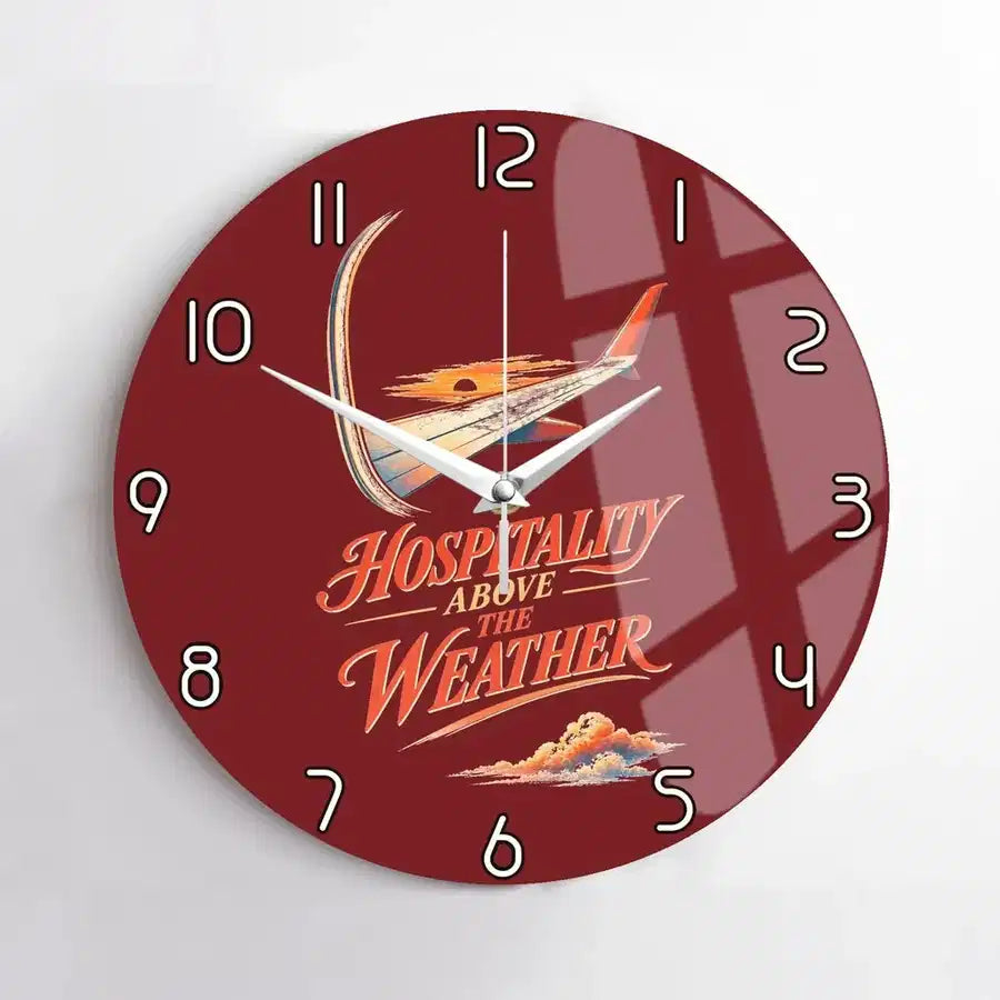Hospitality Above The Weather design on dark red no frame wall clock
