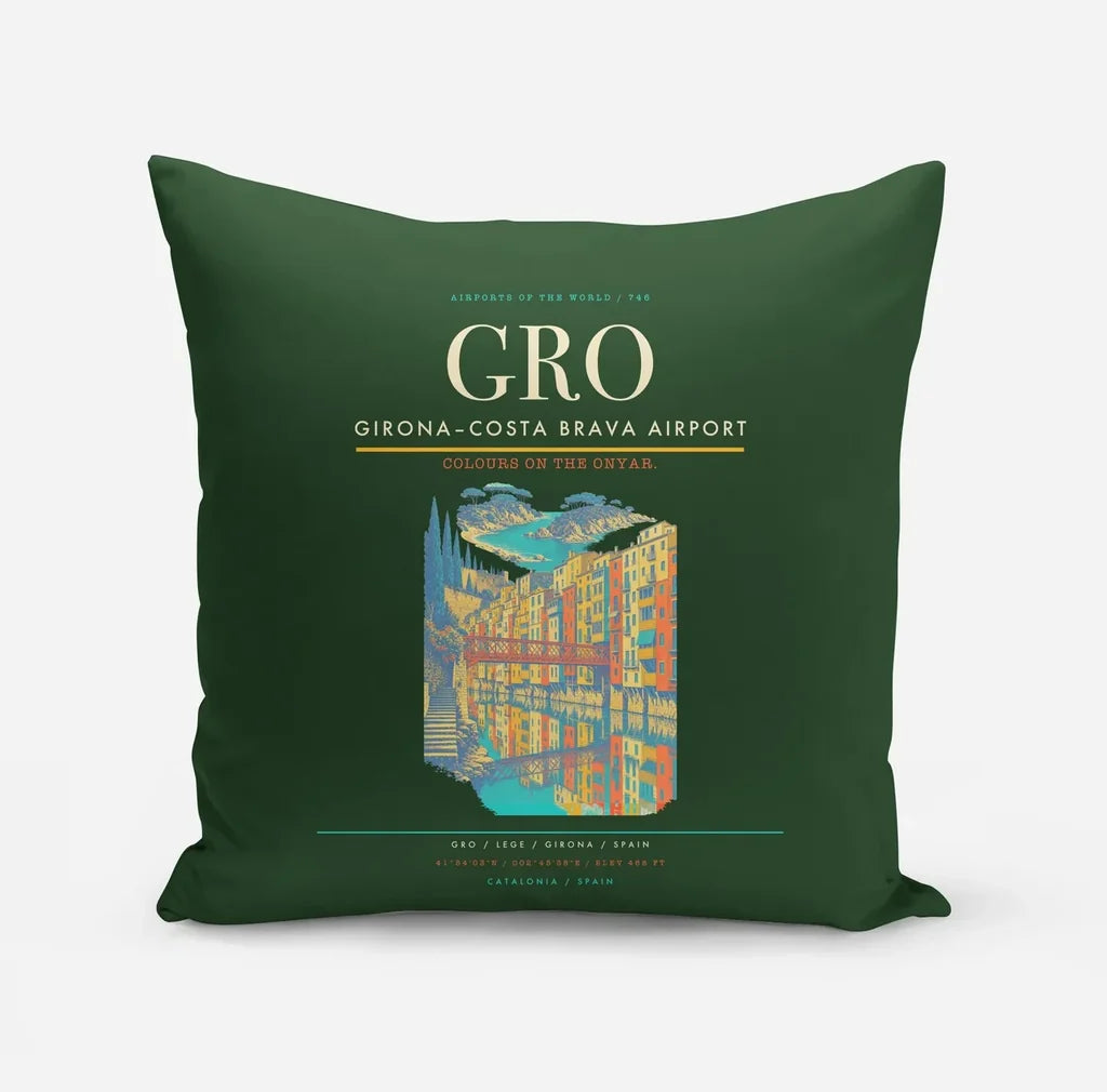 Girona–Costa Brava Airport (GRO) design on dark green pillow