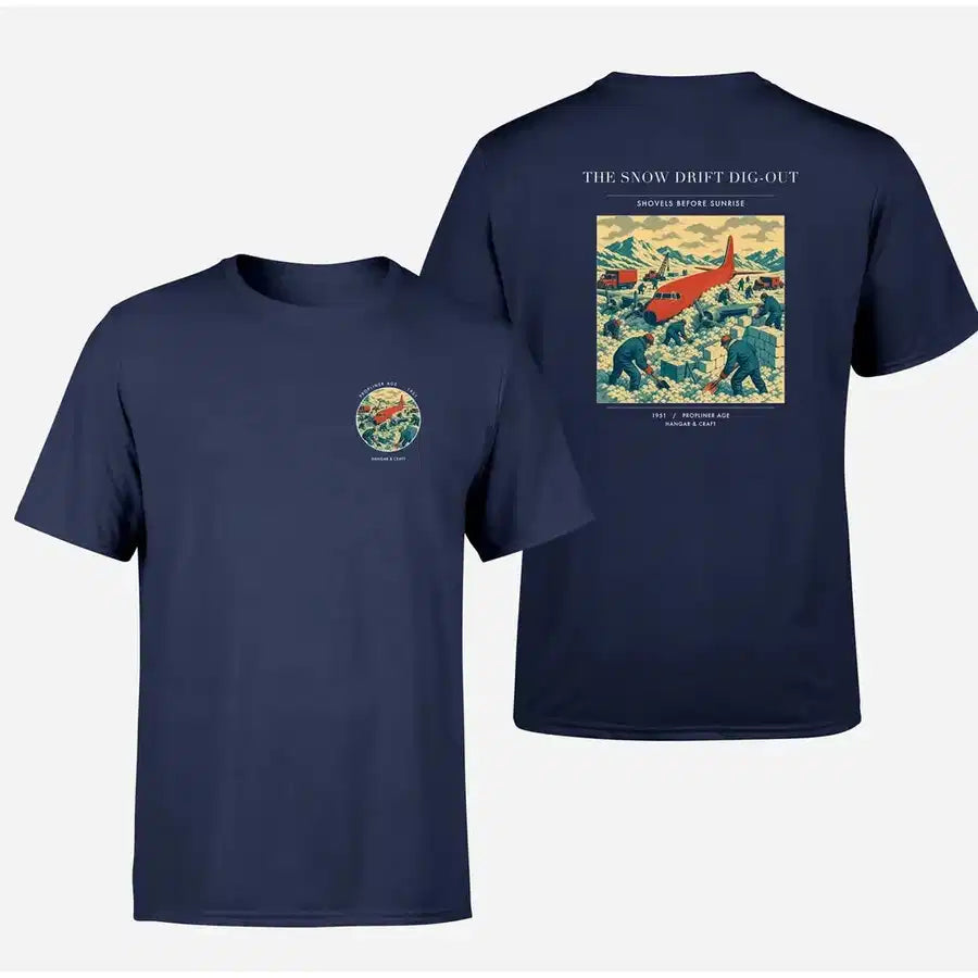 VINTAGE G4355 - The Snow Drift Dig-Out - Double-Side T-Shirt design on navyblue double side t shirt