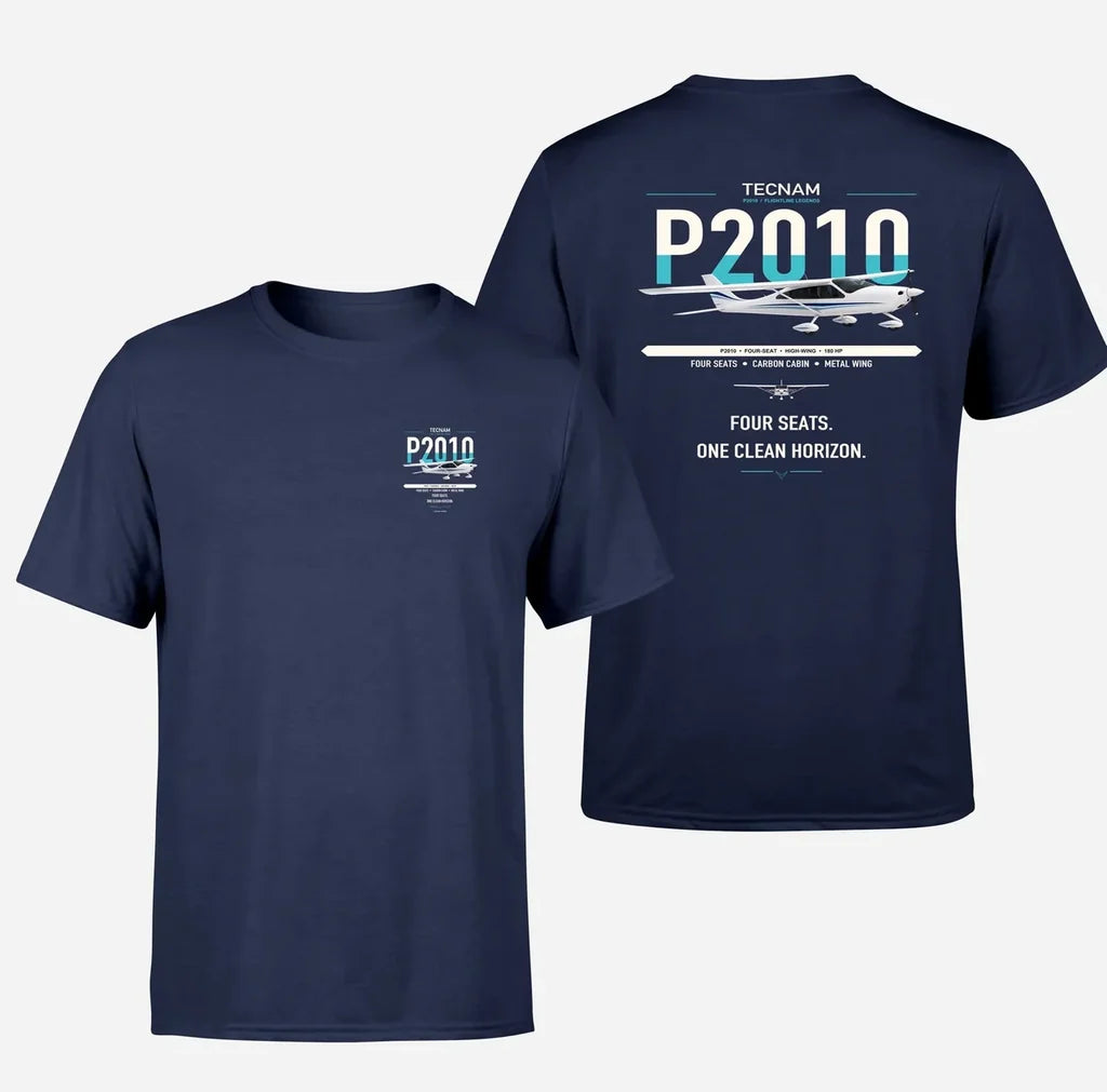 Tecnam P2010 design on navy blue t-shirt, double-side print