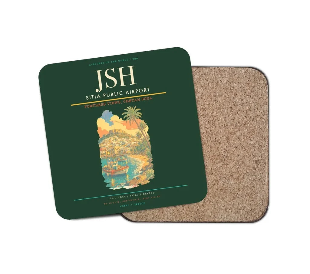 Sitia Public Airport (JSH) design on dark green 1 piece coaster