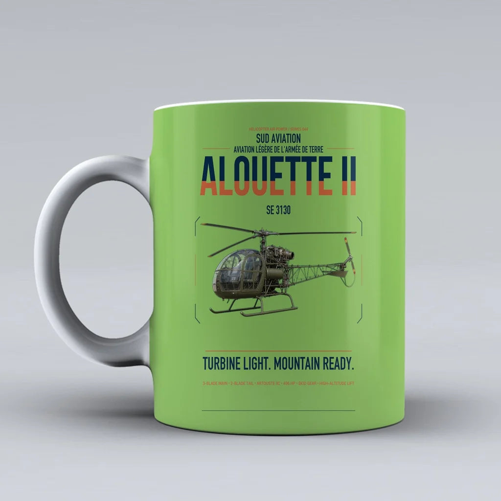 Sud Aviation SE 3130 Alouette II design on light green ceramic mug, double-side print