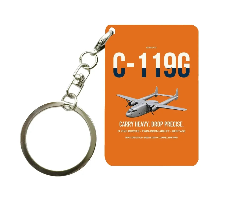 C-119G Flying Boxcar design on orange designed key chain, double-side print