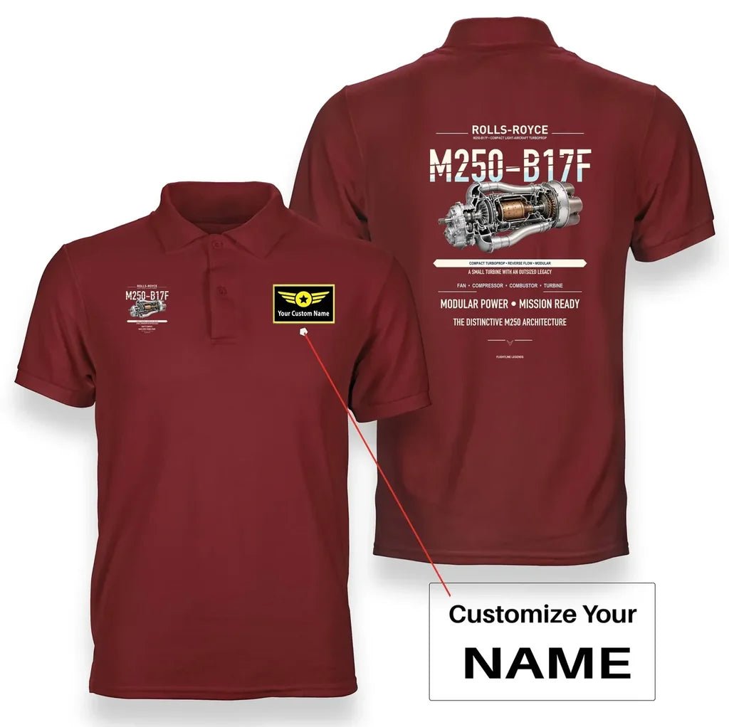 M250-B17F design on red polo with custom name badge