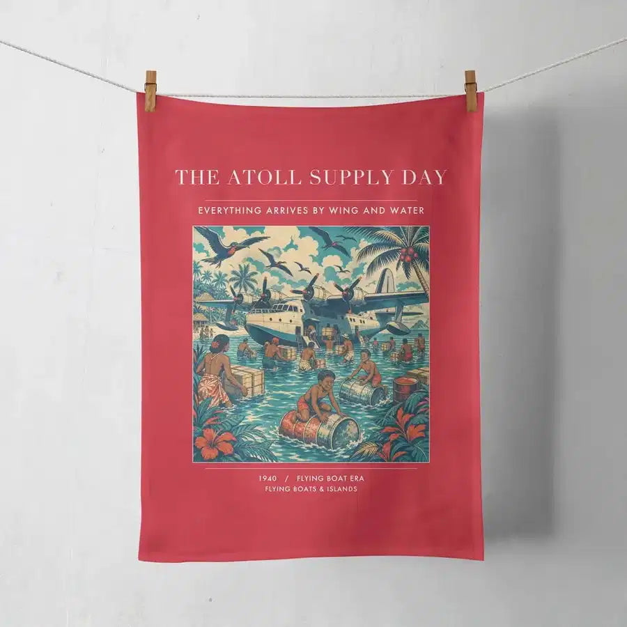 VINTAGE G4189 - The Atoll Supply Day - Designed Towels design on red