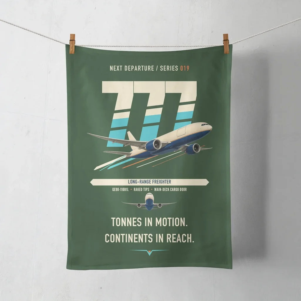 Boeing 777F design on dark green towel