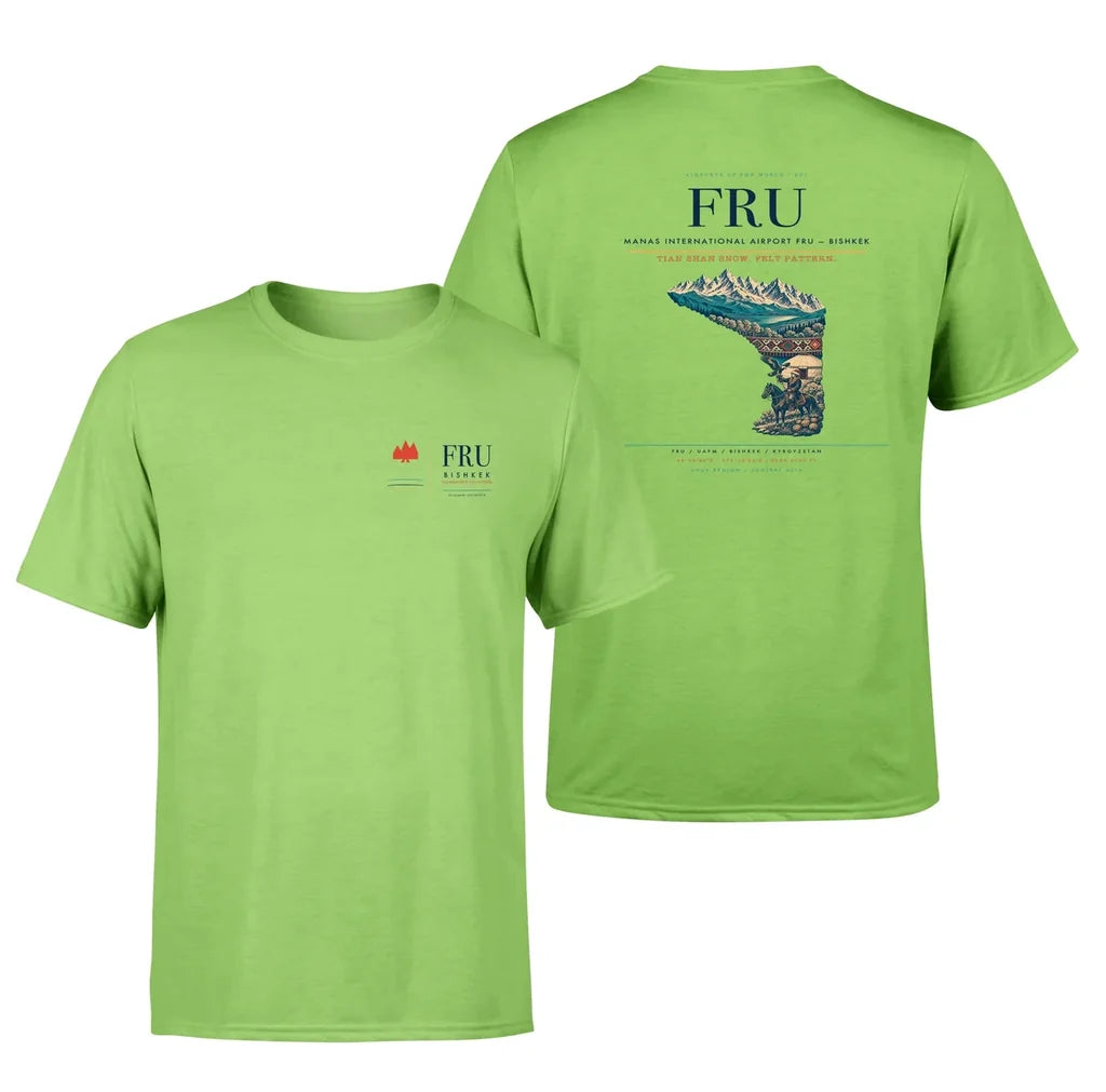 Manas International Airport (FRU) design printed on light green double-side t-shirt