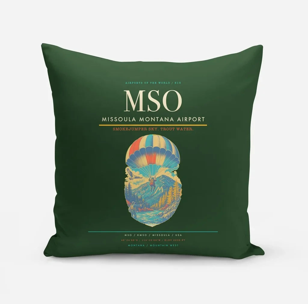 Missoula Montana Airport (MSO) design on dark green pillow