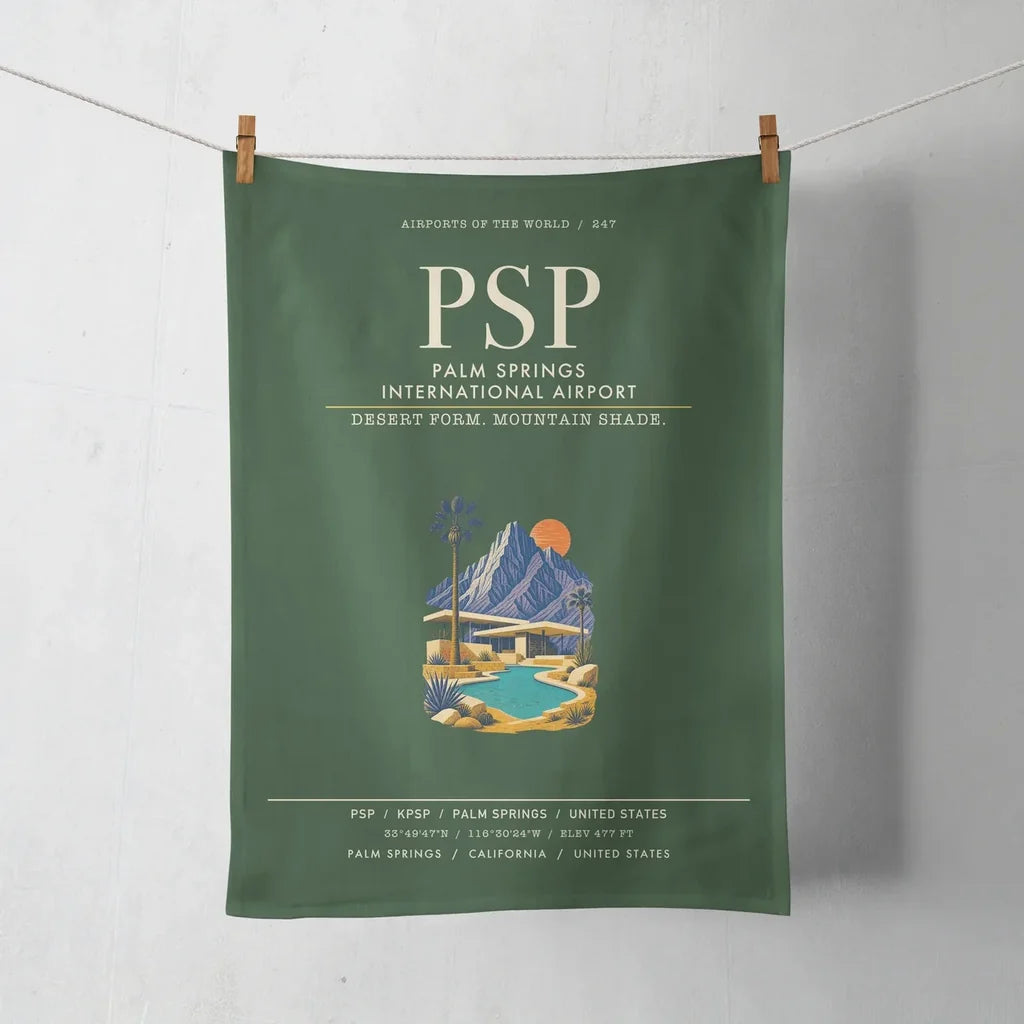Palm Springs International Airport (PSP) design on dark green towel
