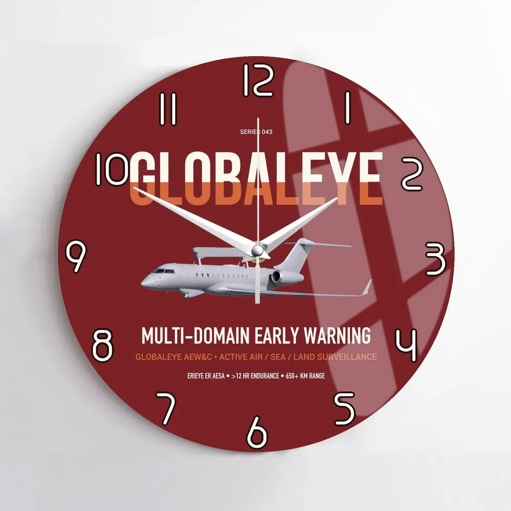 Saab GlobalEye design on dark red no frame wall clock