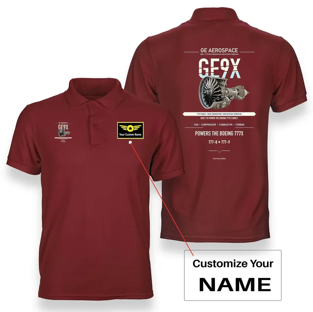 GE9X design on red polo with custom name badge