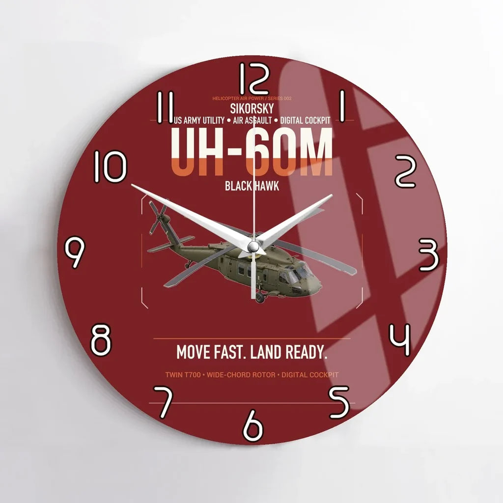 Sikorsky UH-60M Black Hawk design on dark red no frame wall clock