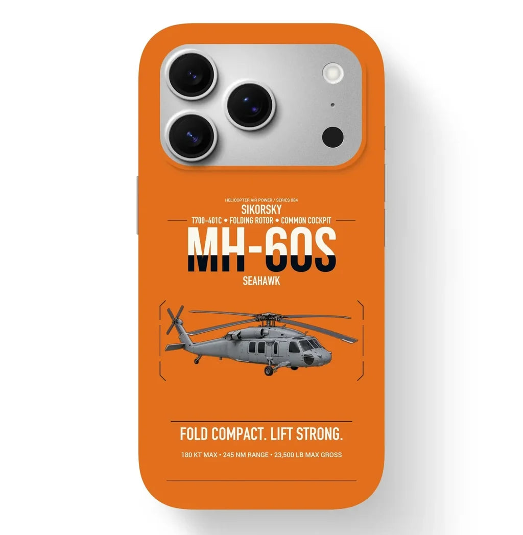 Sikorsky MH-60S Seahawk design on orange magsafe iphone case, for iPhone 17 Pro