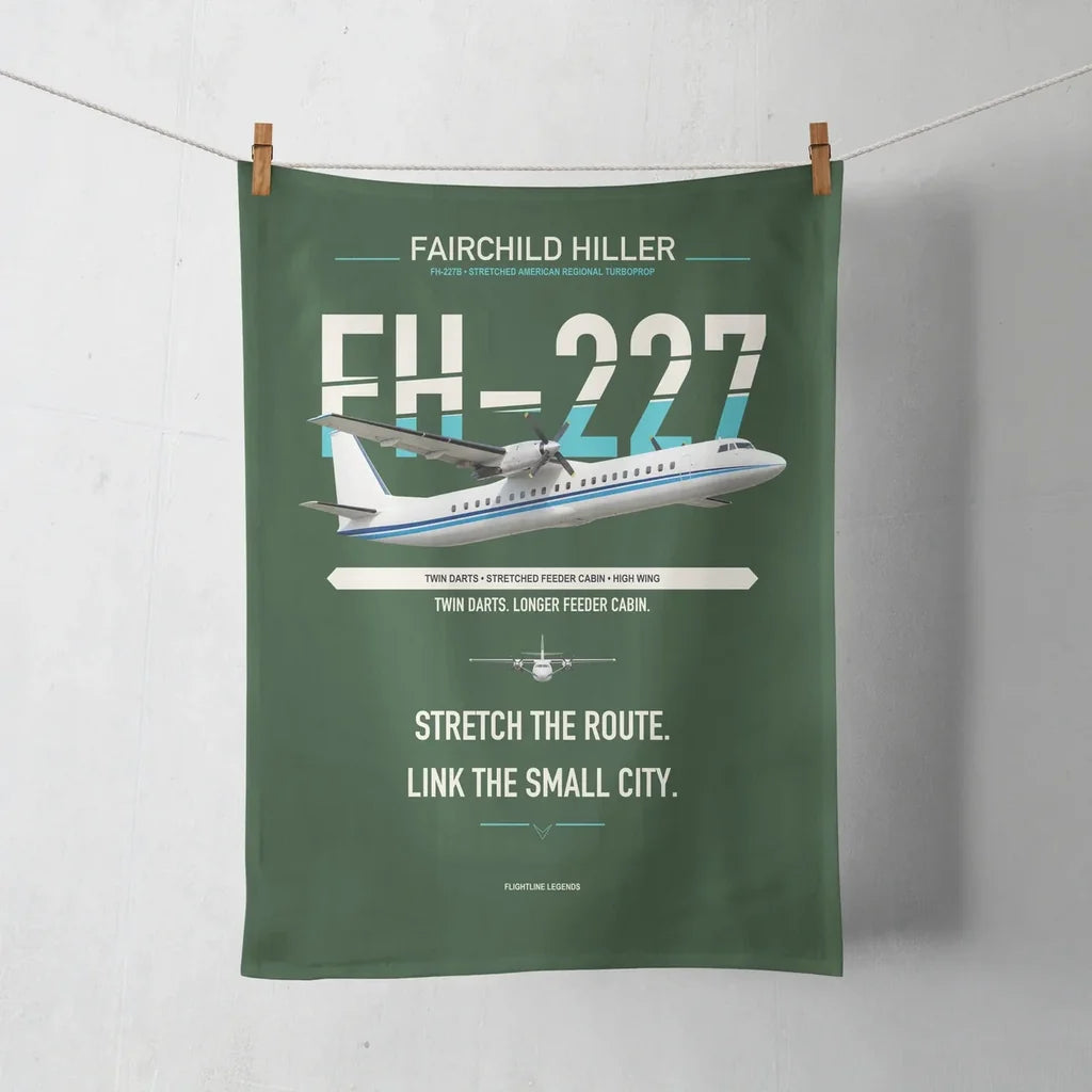 Fairchild Hiller FH-227B design on dark green towel
