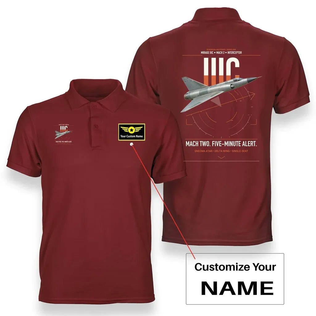 Dassault Mirage IIIC design on red+name double-side polo t-shirt, double-side print