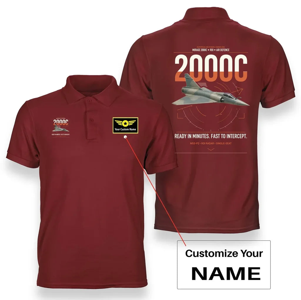 Dassault Mirage 2000C RDI design on red+name double-side polo t-shirt, double-side print