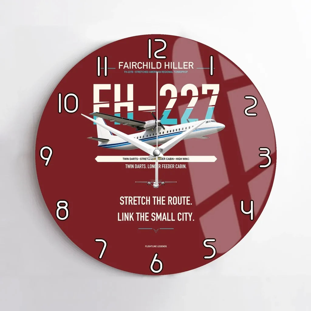 Fairchild Hiller FH-227B design on dark red no frame wall clock