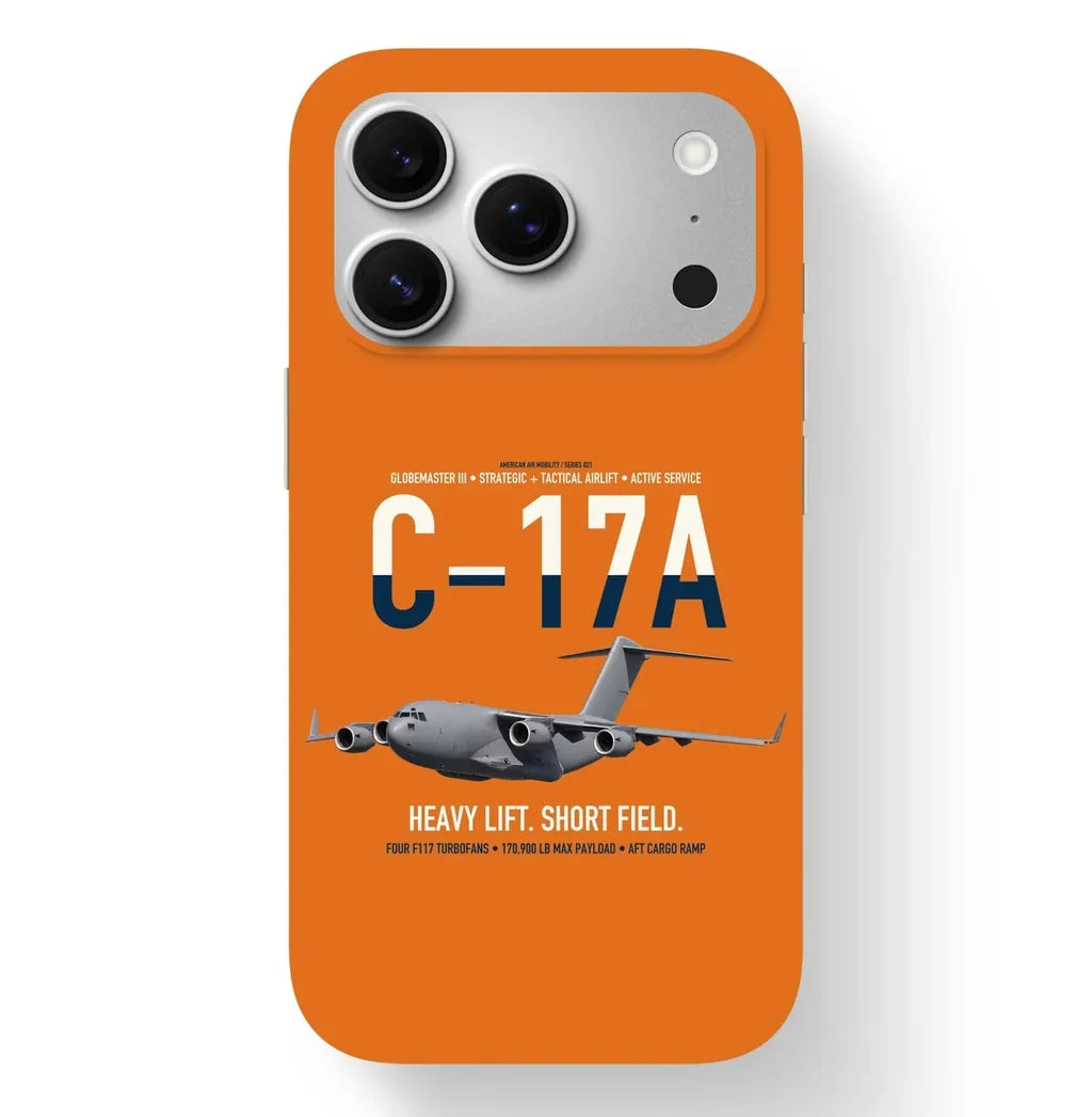C-17A Globemaster III design on orange magsafe iphone case, for iPhone 17 Pro