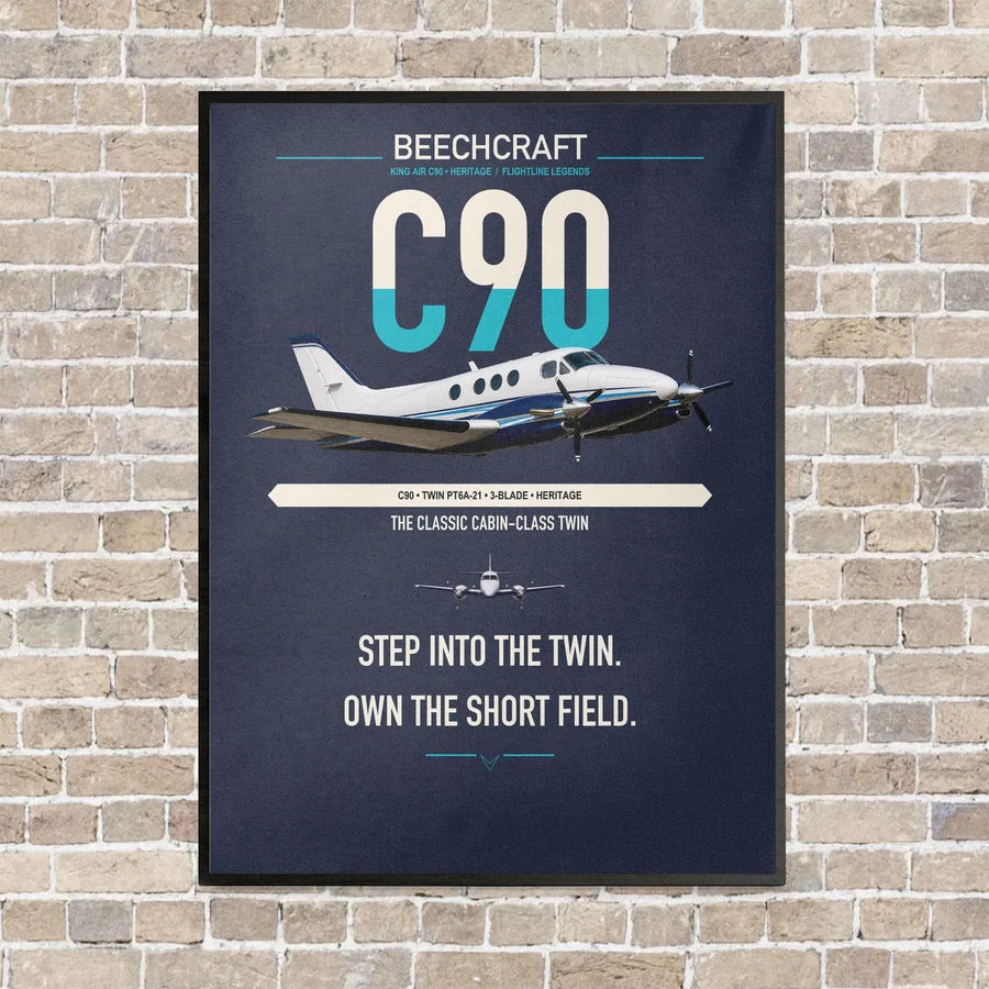 Beechcraft King Air C90 vertical canvas print - framed - navy blue background
