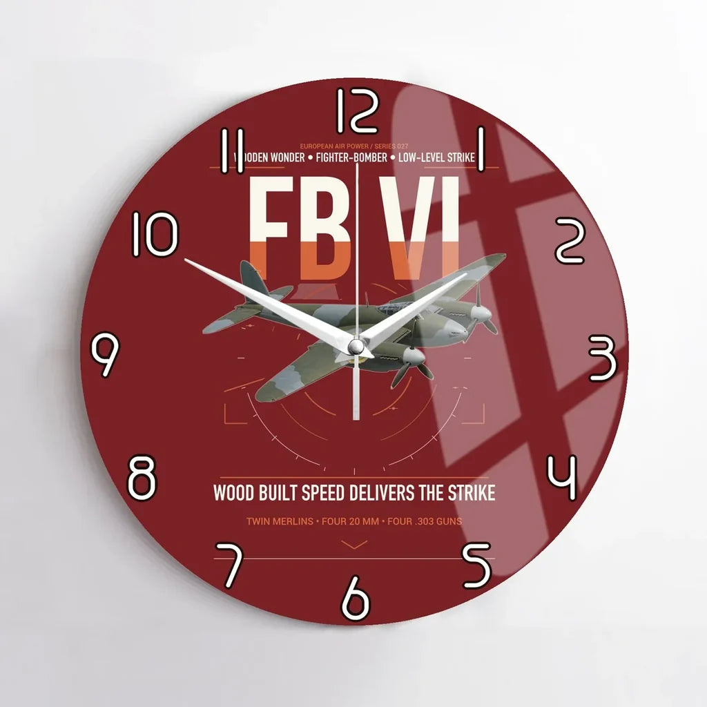 de Havilland Mosquito FB VI design on dark red no frame wall clock