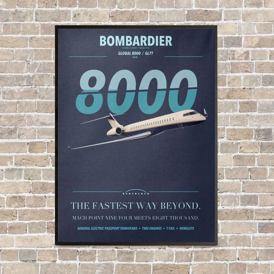 Bombardier Global 8000 vertical canvas print - framed - navy blue background