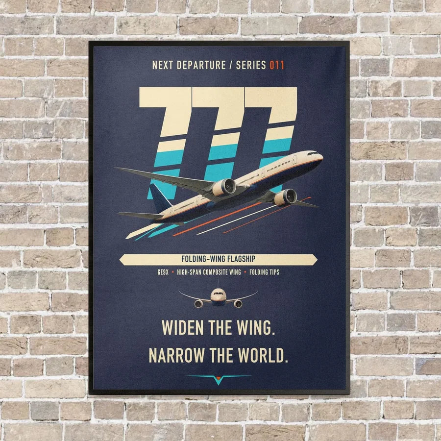 Boeing 777-9 vertical canvas print - framed - navy blue background