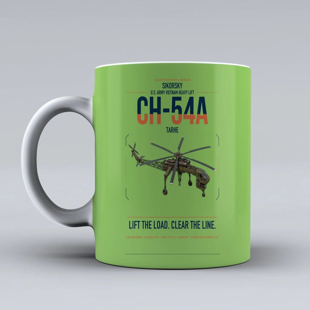 Sikorsky CH-54A Tarhe design on light green ceramic mug, double-side print