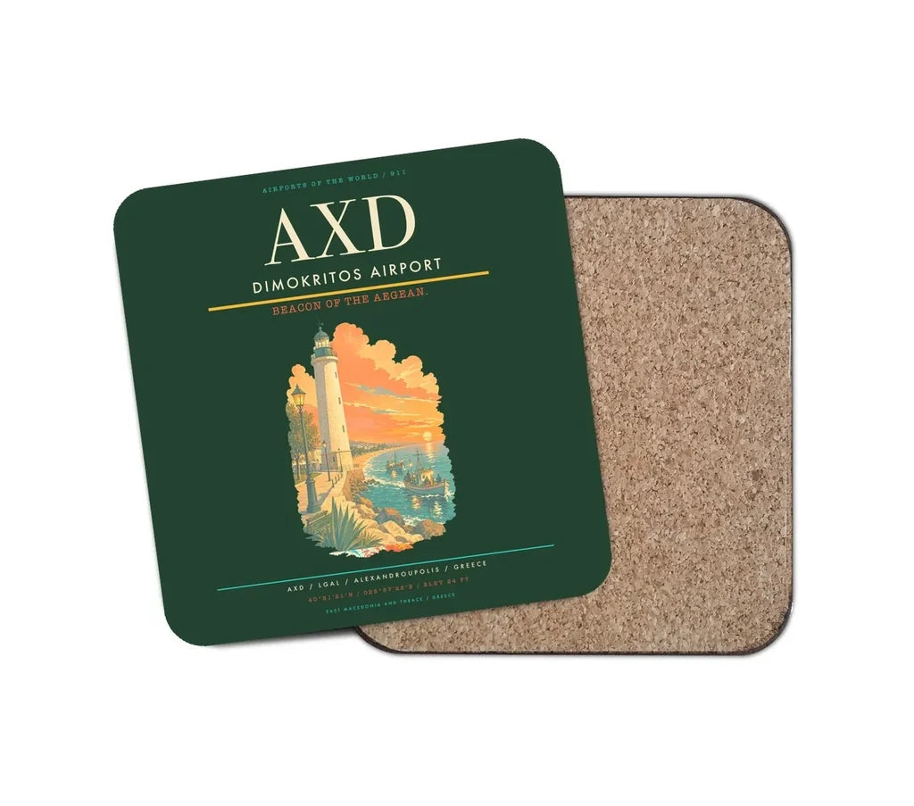 Dimokritos Airport (AXD) design on dark green 1 piece coaster