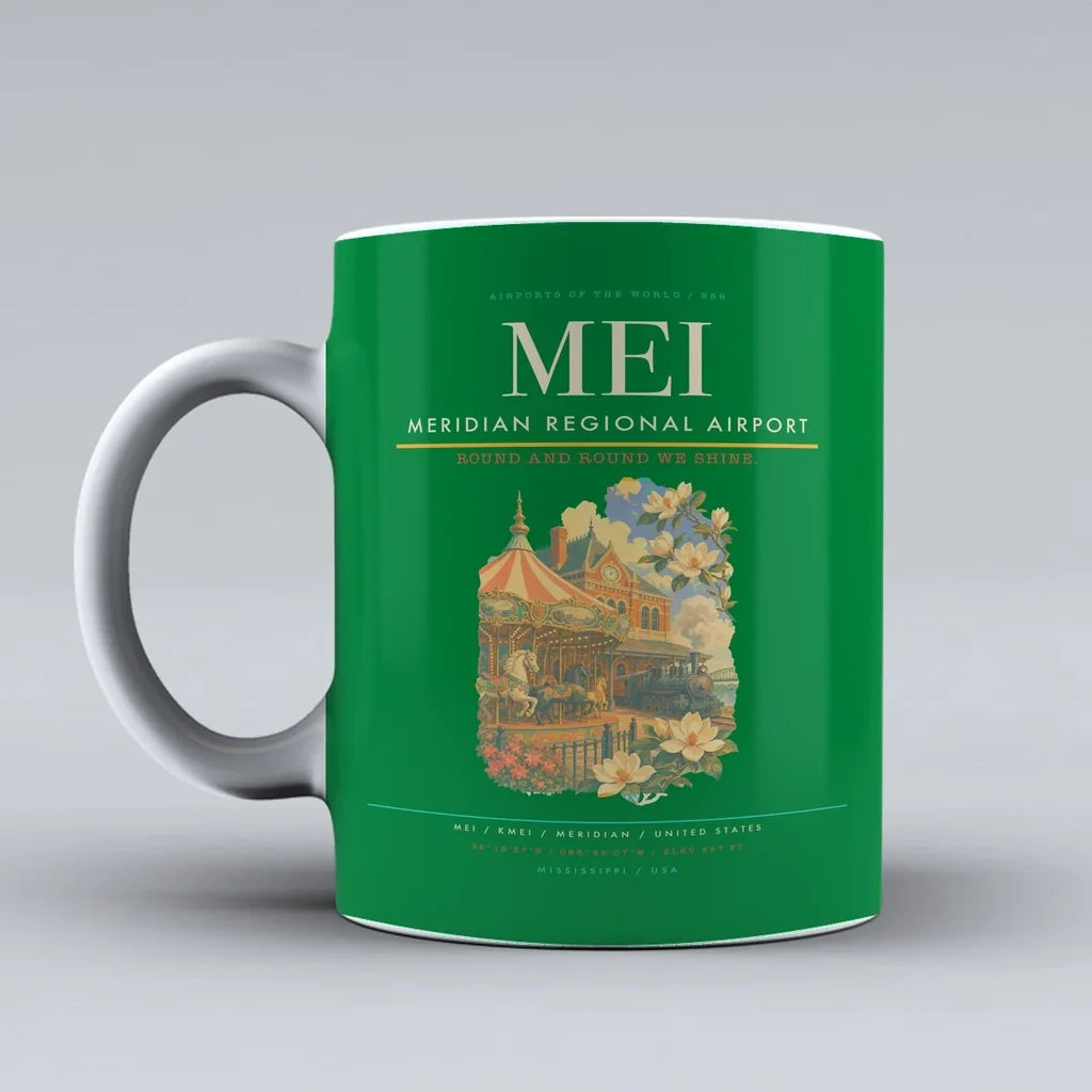 Meridian Regional Airport (MEI) airport code design on green ceramic mug