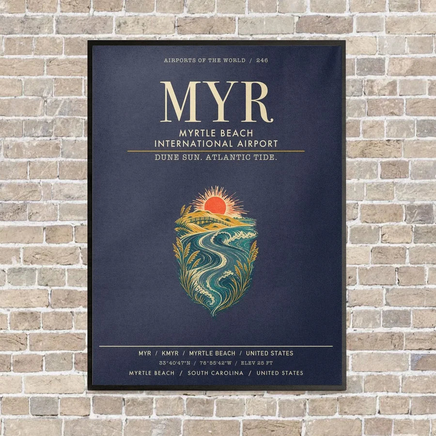 Myrtle Beach International Airport MYR vertical canvas print - framed - navy blue background