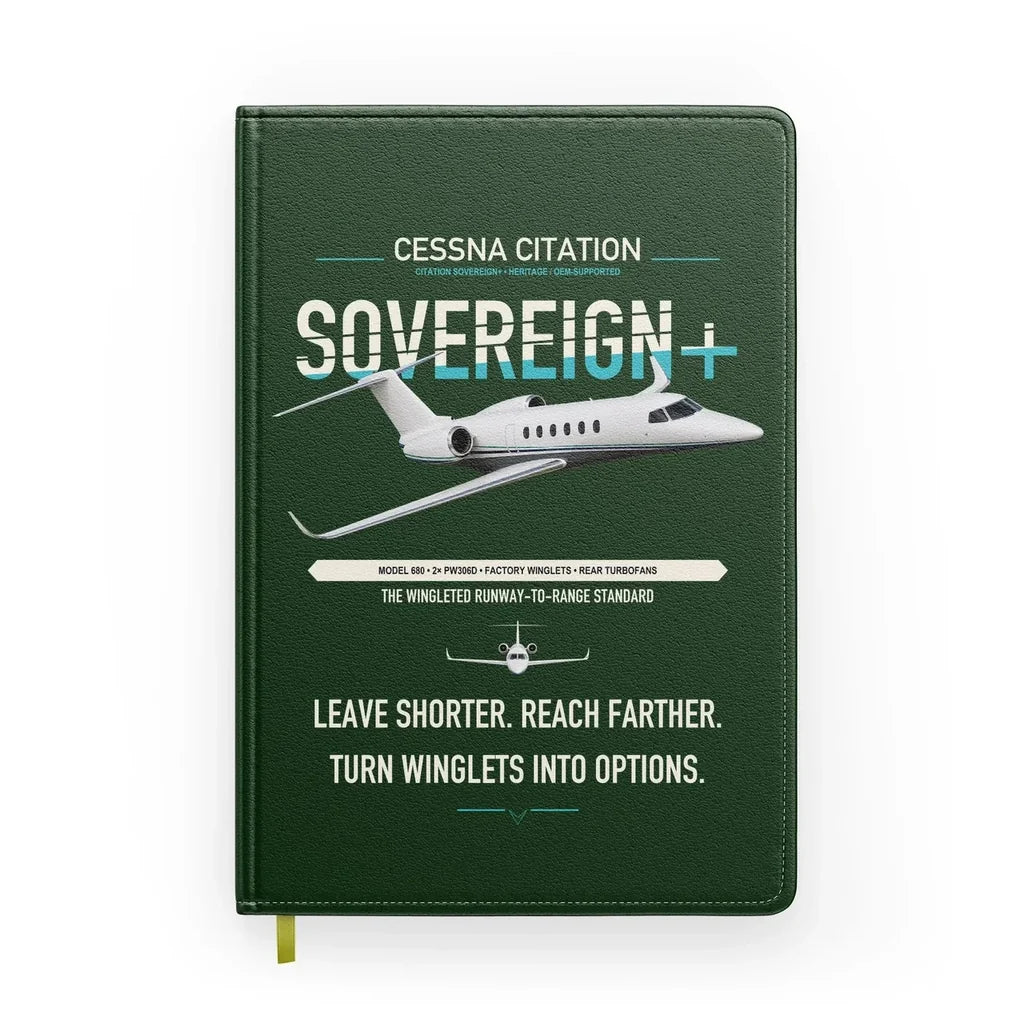 Cessna Citation Sovereign+ design on dark green notebook