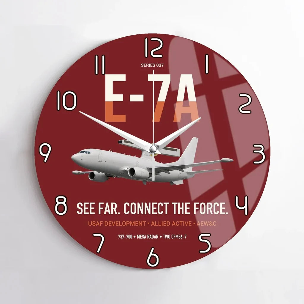 E-7A Wedgetail design on dark red no frame wall clock