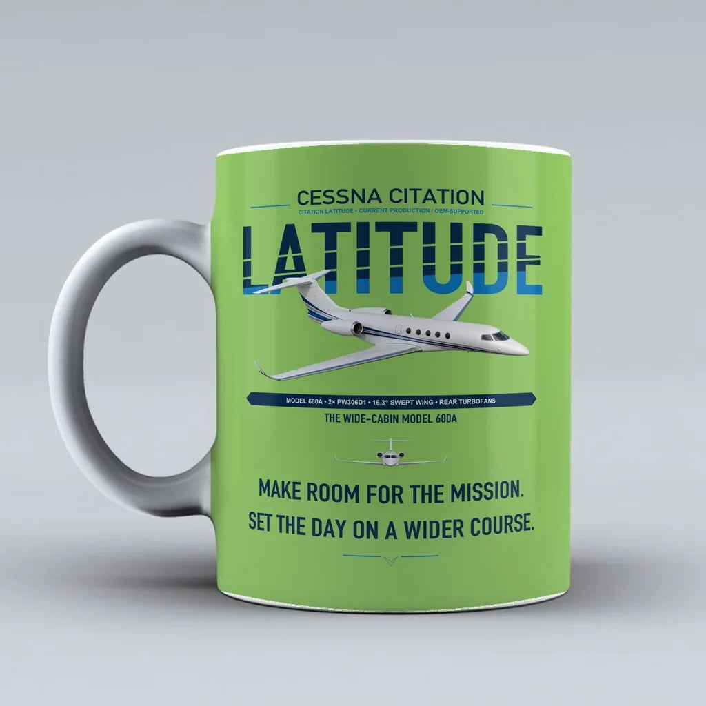 Cessna Citation Latitude design on light green ceramic mug, double-side print