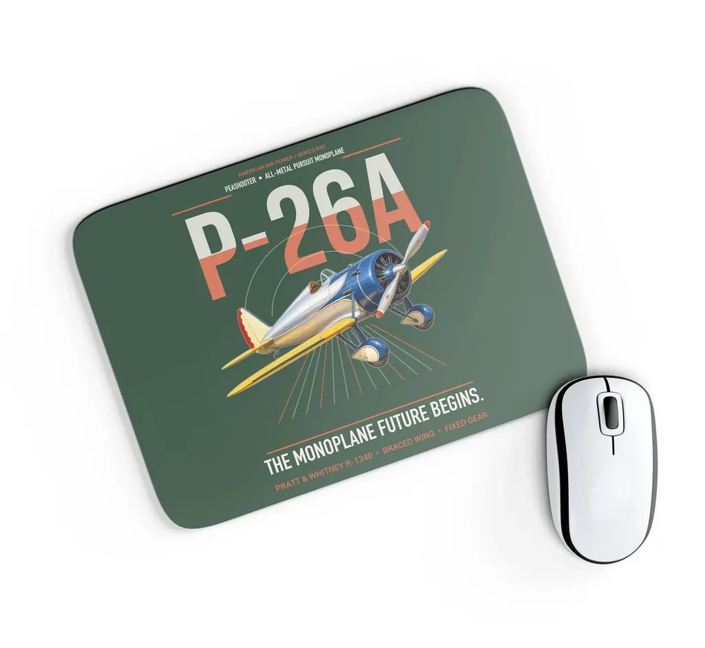 Boeing P-26A Peashooter design on dark green rectangle mouse pad