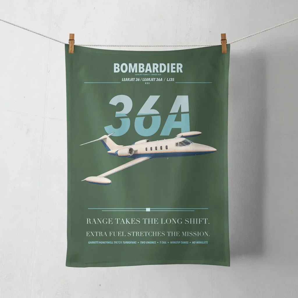Bombardier Learjet 36A design on dark green towel