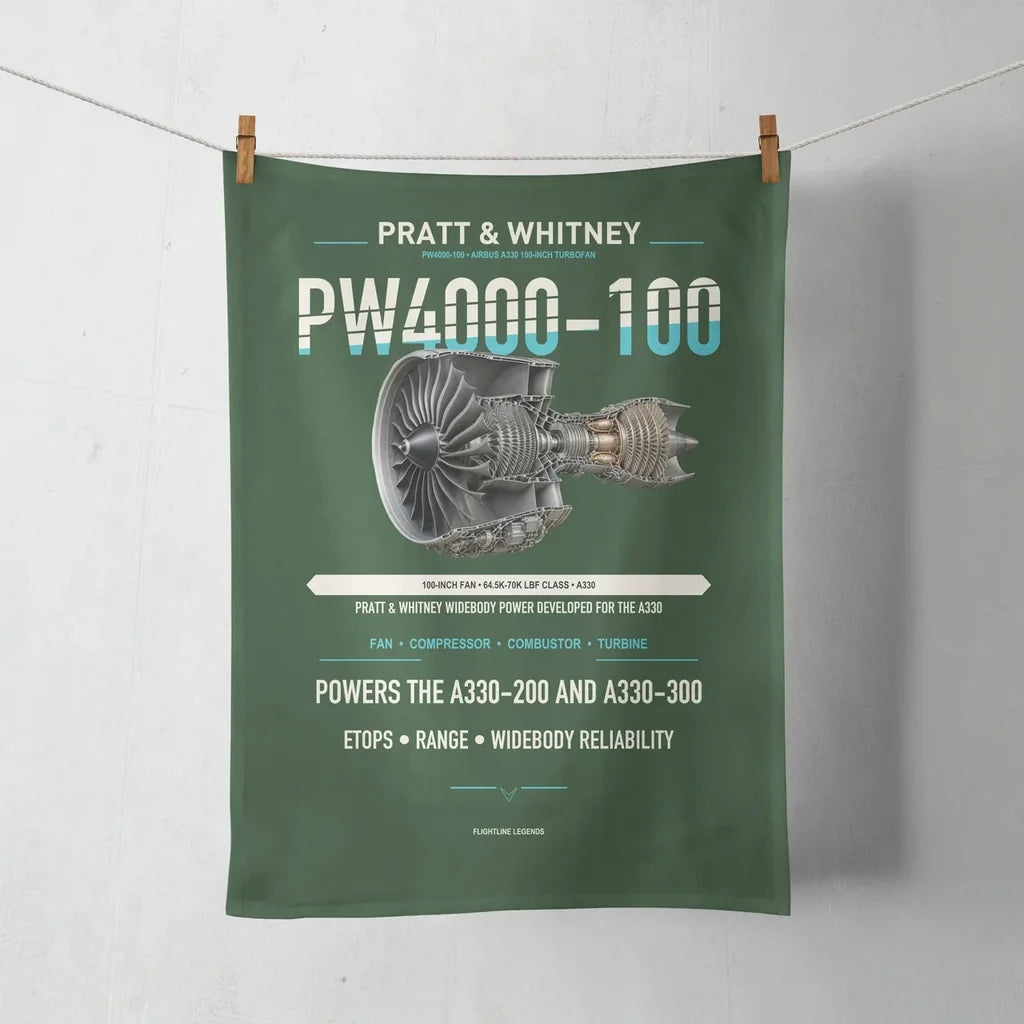 PW4000-100 design on dark green towel