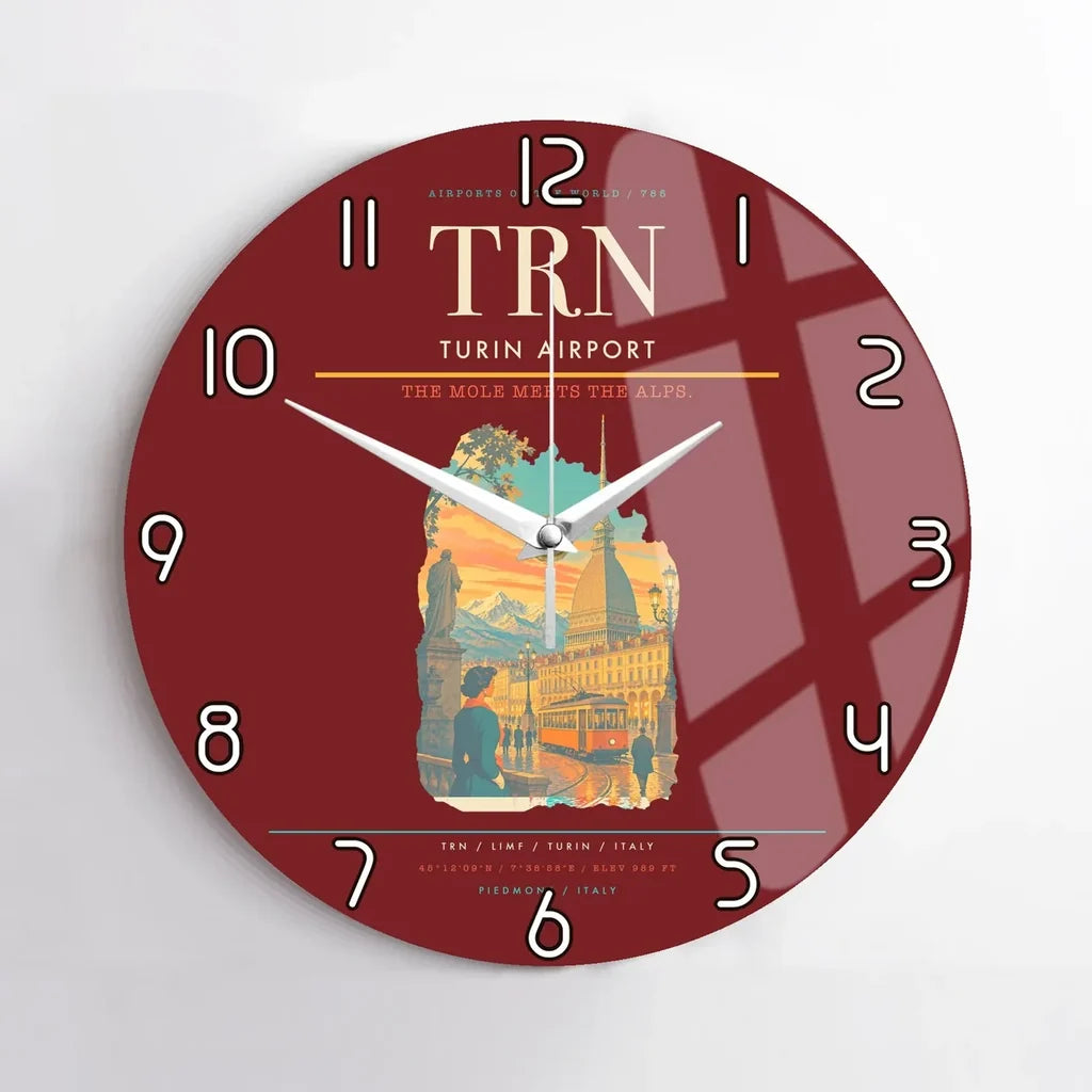 Turin Airport (TRN) design on dark red no frame wall clock
