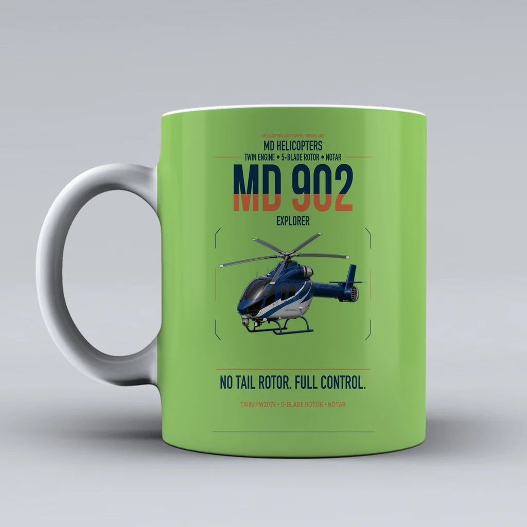 MD Helicopters MD 902 Explorer design on light green ceramic mug, double-side print