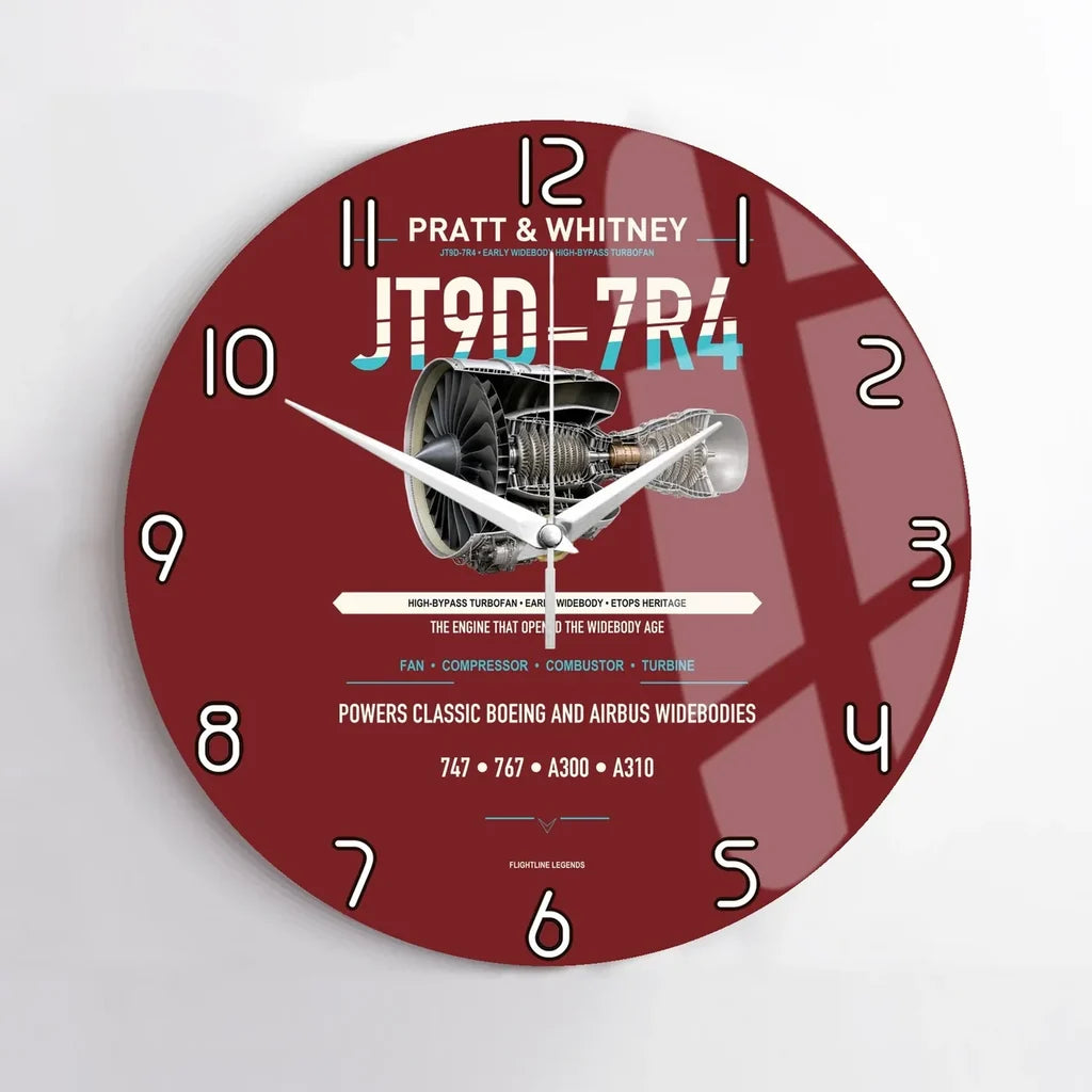 JT9D-7R4 design on dark red no frame wall clock