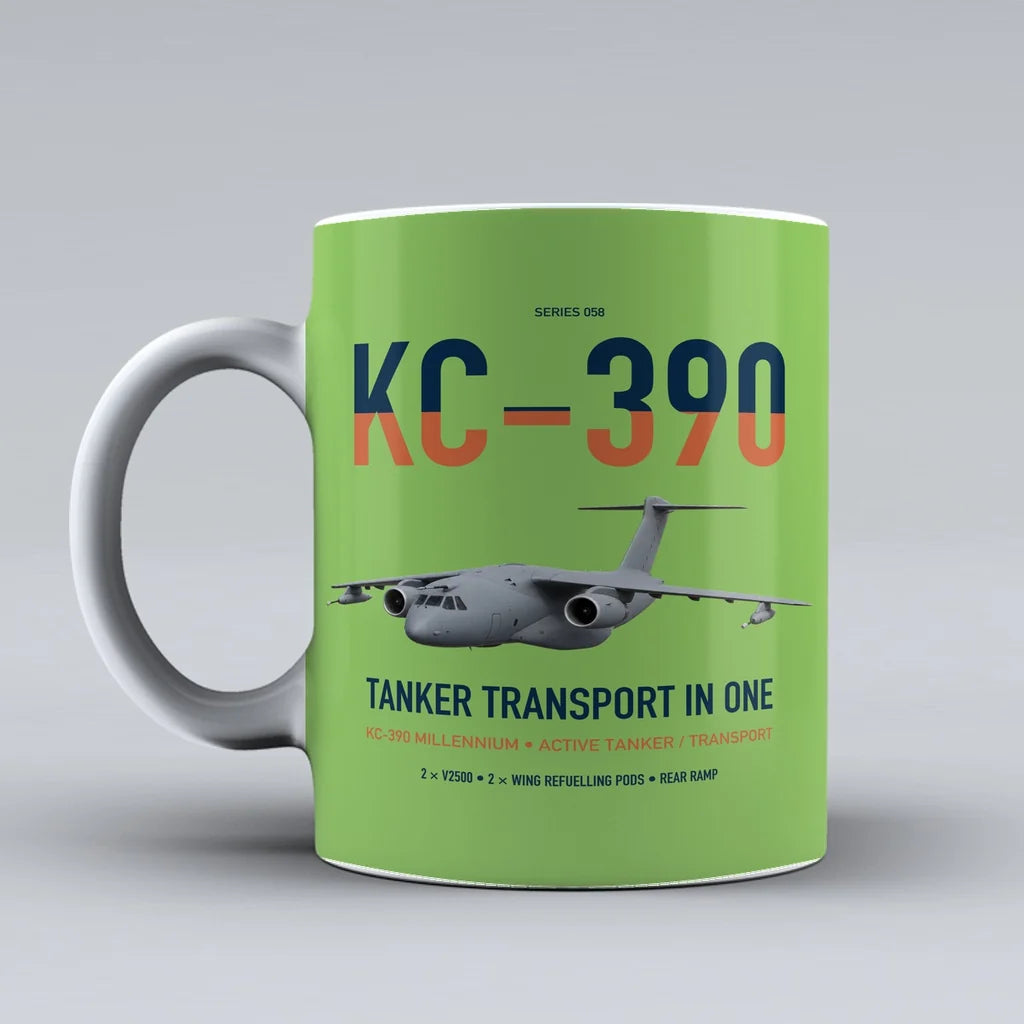 Embraer KC-390 Millennium design on light green ceramic mug, double-side print