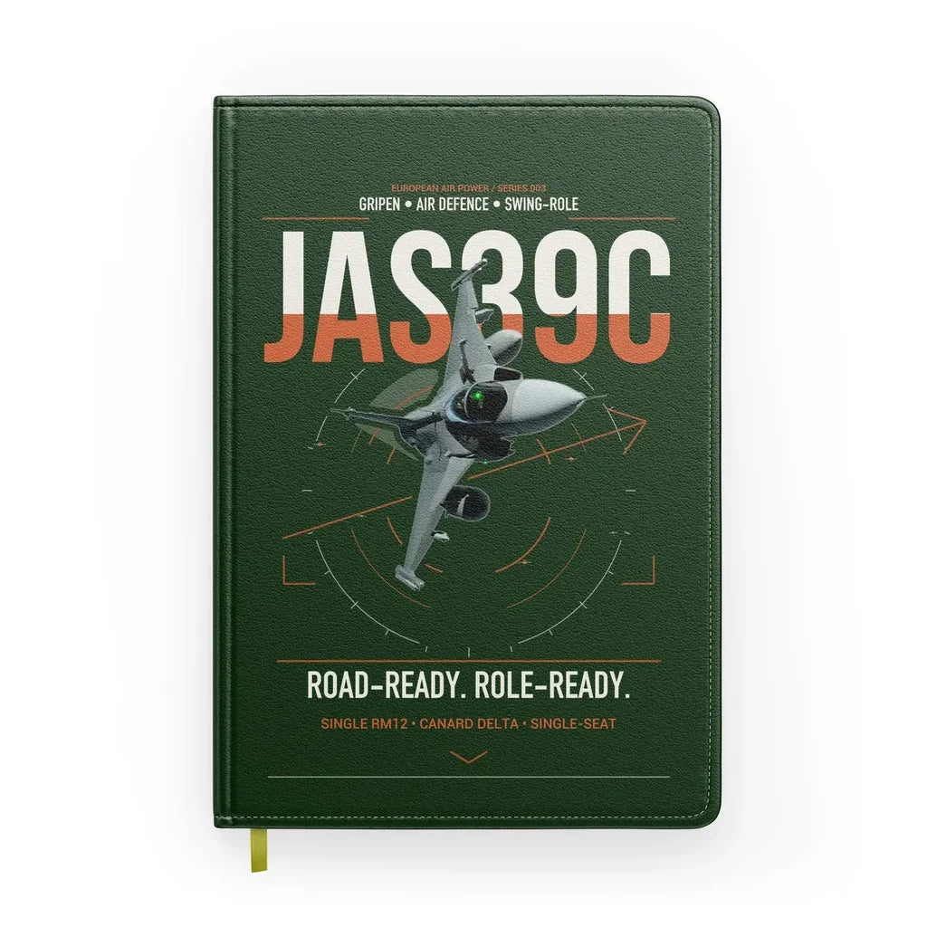 Saab JAS 39C Gripen design on dark green notebook