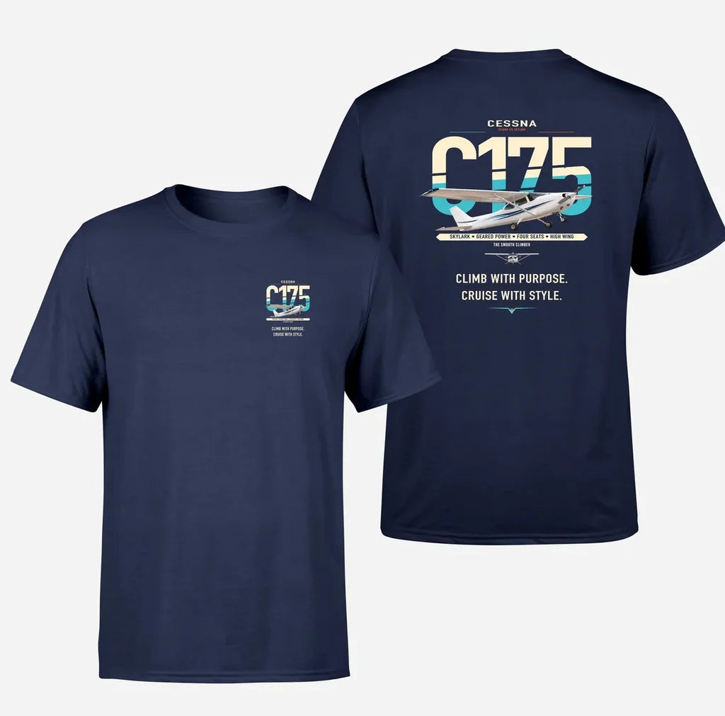 Cessna 175 Skylark design on navy blue t-shirt, double-side print
