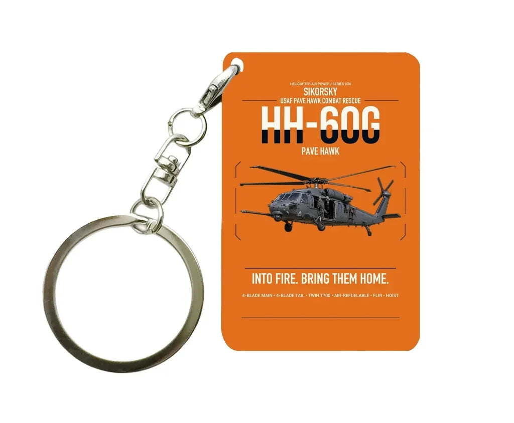 Sikorsky HH-60G Pave Hawk design on orange designed key chain, double-side print