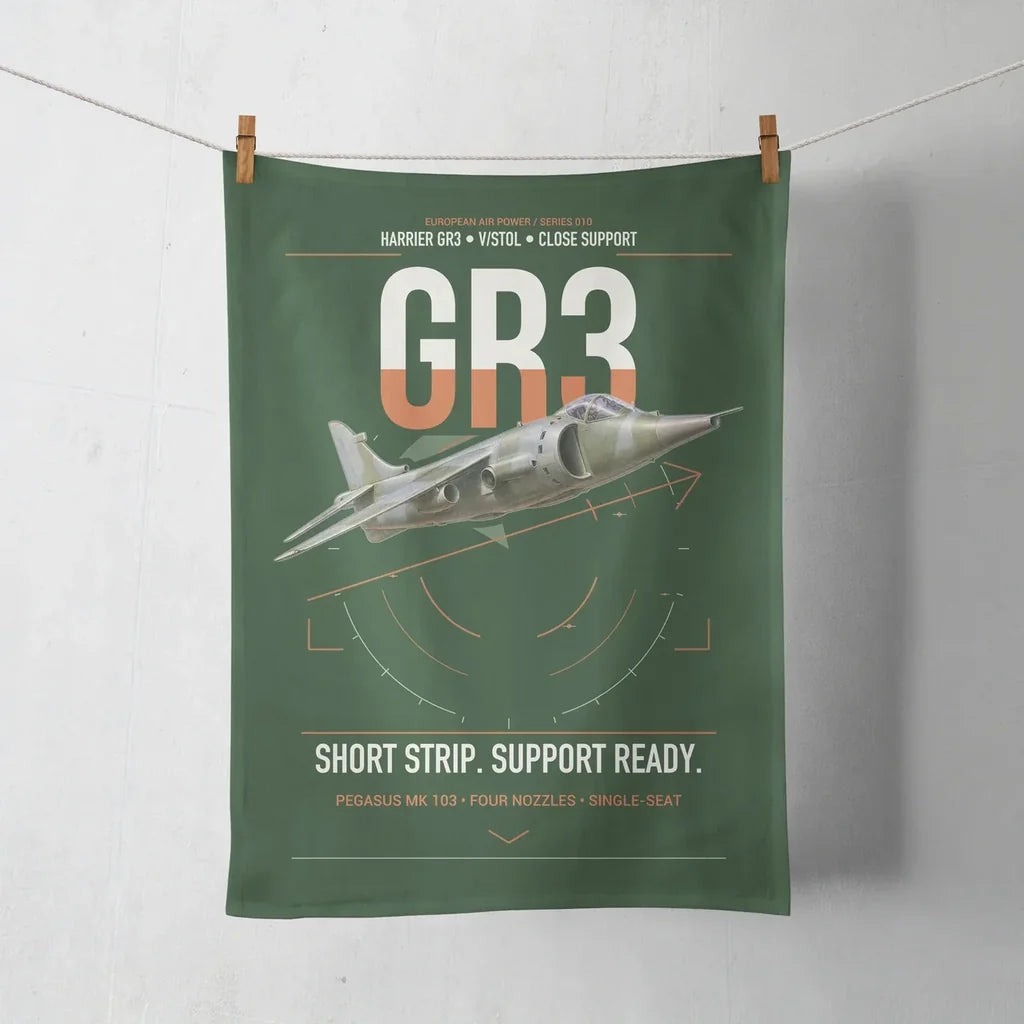 Hawker Siddeley Harrier GR3 design on dark green towel