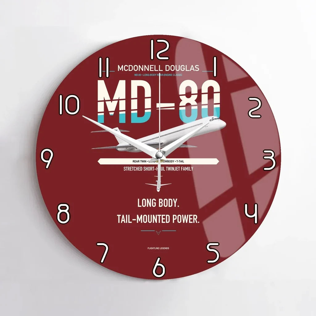 McDonnell Douglas MD-80 design on dark red no frame wall clock