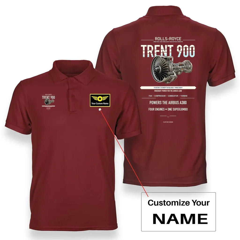 TRENT 900 design on red polo with custom name badge